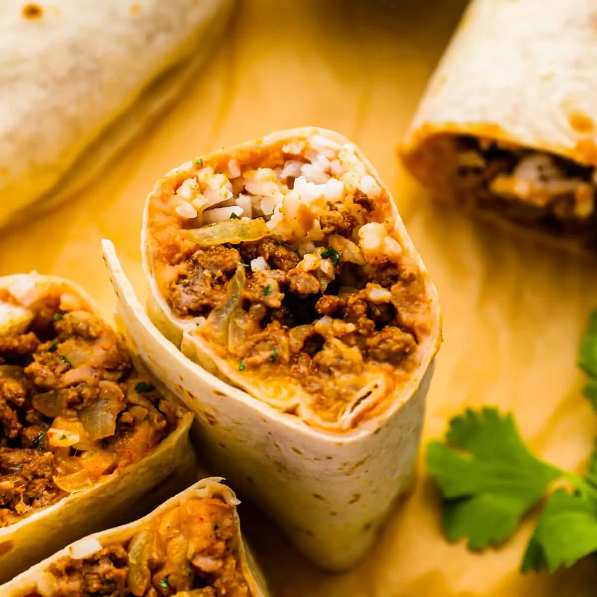 Beef burrito stuffed with rice, beans and cheese at Don Taco, Mexican restaurant in Calgary, AB